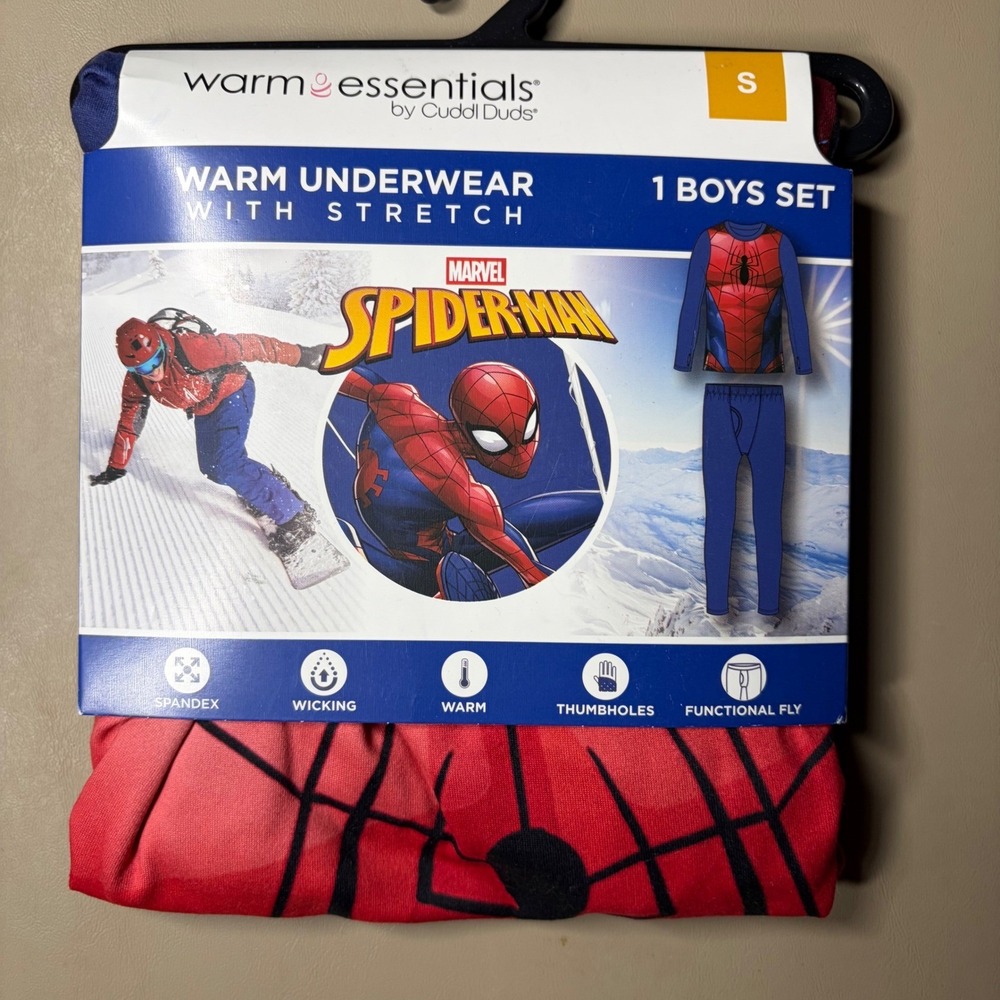 Cuddl Duds Warm Essentials Boys Spiderman Thermal Underwear Small 6/7 Red Blue